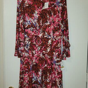 NWT, Pink Confetti Print Dress with Ruffled Sleeves, Size 14